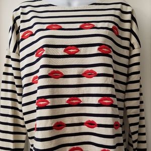 J. Crew Embroidered Lips Striped T Shirt Small